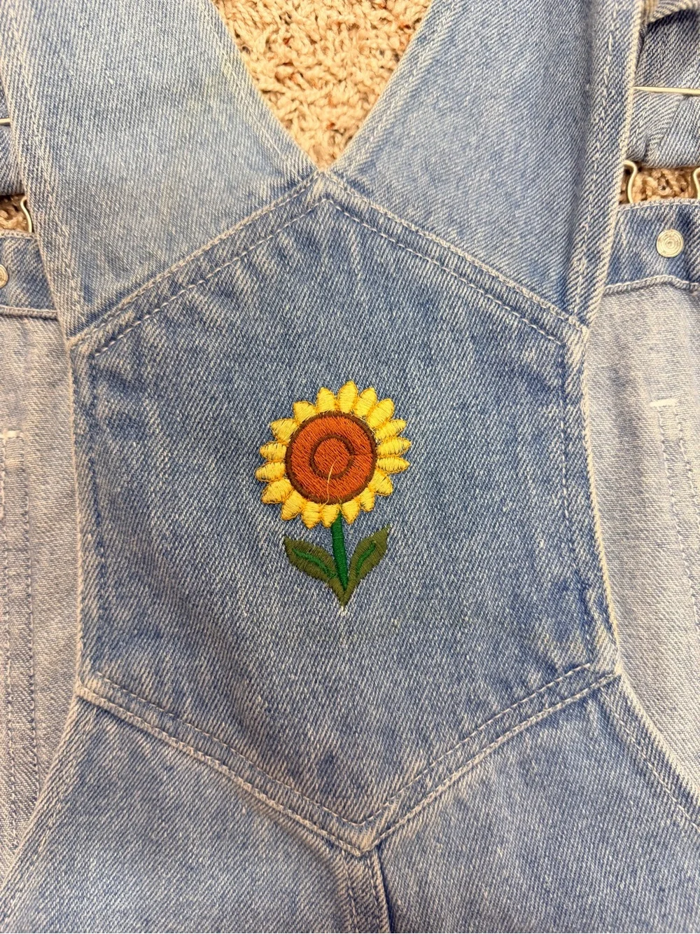 Vintage Denim Sunflower Embroidered Short Overalls - Blue - Picture 7 of 7